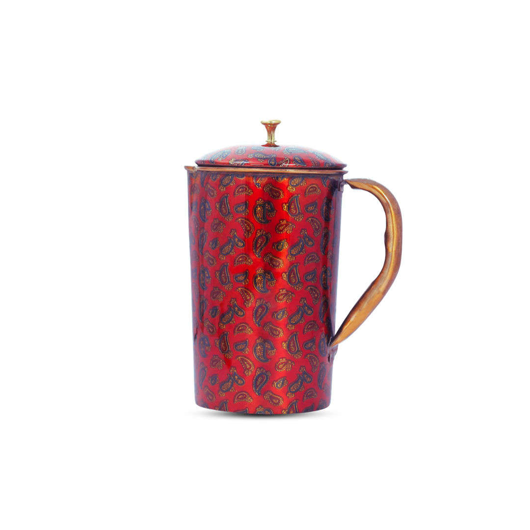 Pure copper paisley printed design jug with brass knob on lid candy, 1500 ML
